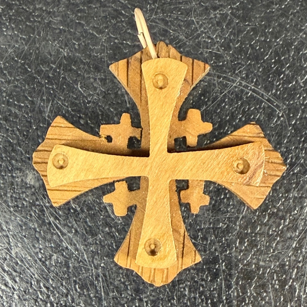 Vintage Olive Wood Jerusalem Cross Pendant Hand Carved Holy Land Religious Icon